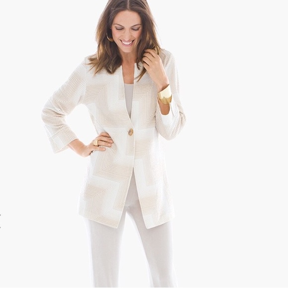 Chico's Travelers Crinkle Long Cardigan Duster Blazer Jacket Gold White Sz L/2 - Picture 4 of 13